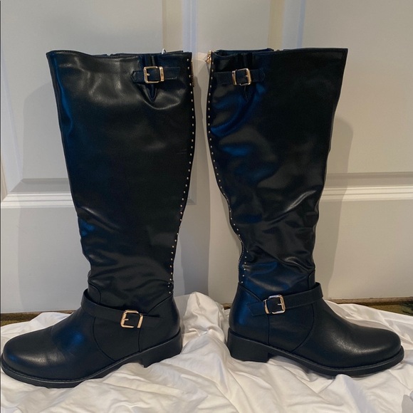 Black Knee-High Boots with Gold Buckles, Studs and Zipper - Picture 2 of 5